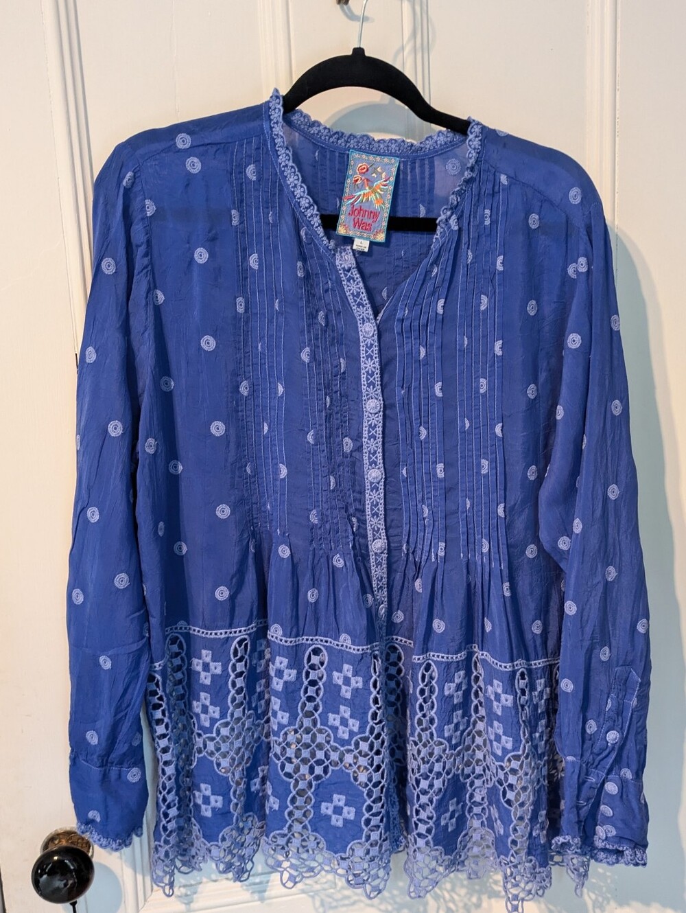 L Johnny Was Tonal Cobalt Blue Embroidered Button Long Sleeve Tunic Blouse